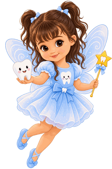 A Fada Mel, mascote do site: uma fadinha de vestido azul segurando um dentinho sorridente e uma varinha de estrela.